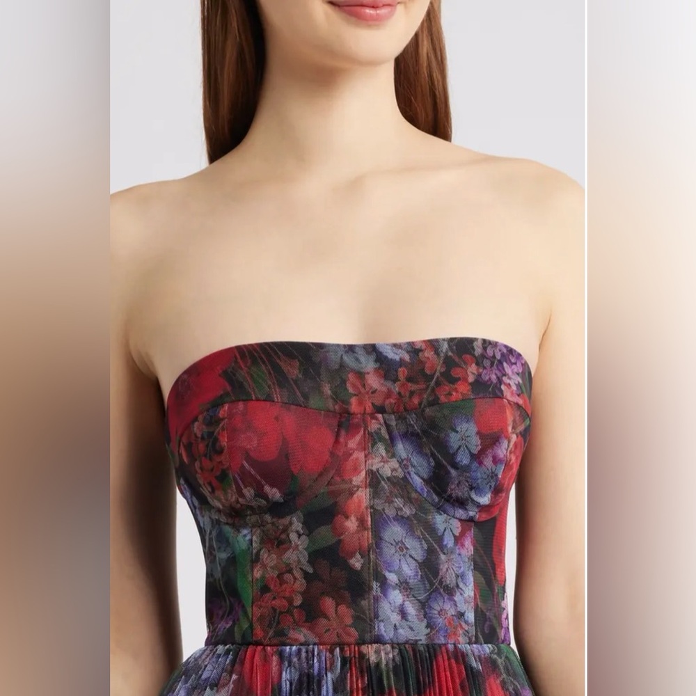 Hutch Strapless Floral Pleated Midi Dress in Red and Purple - Picture 4 of 6